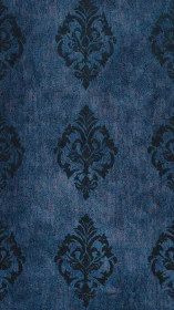 Dark damask motifs repeat across a textured blue surface