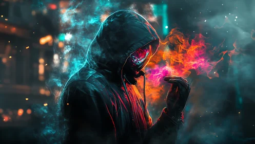 Hooded cyber figure manipulates neon plasma flames in dense fog