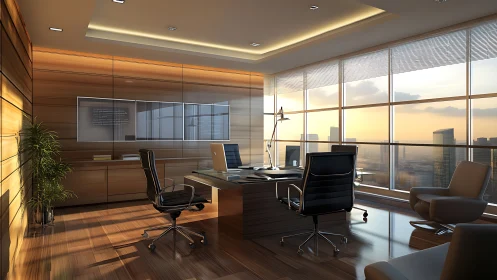 Executive corner office embraces warm sunset skyline light.