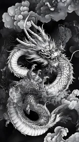 Monochrome oriental dragon with ink clouds in dynamic coil