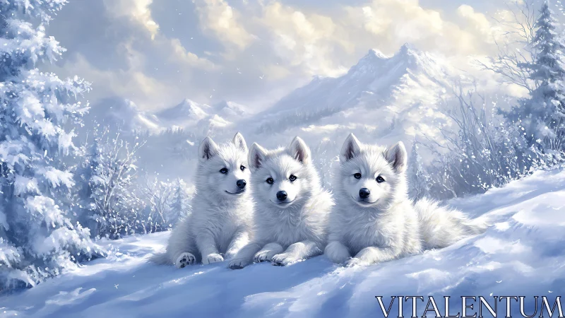 Three white canine pups rest in a snowy alpine landscape