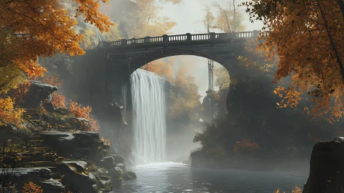 Sunlit stone bridge over a secret autumn waterfall escape.