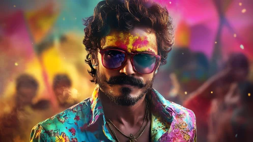 Portrait of festival reveler under chromatic Holi powder haze