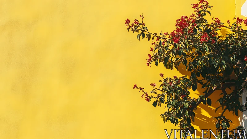 Warm Yellow Wall with Red Flowering Creeping Vines and Dark Foliage