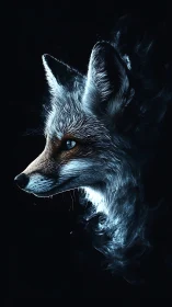 Luminous fox portrait in ethereal blue smoke profile.