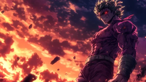 Fierce anime warrior dominates burning twilight sky.