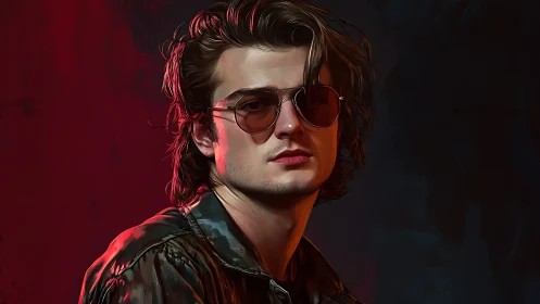 Cinematic digital portrait with red rim lighting and reflective lenses