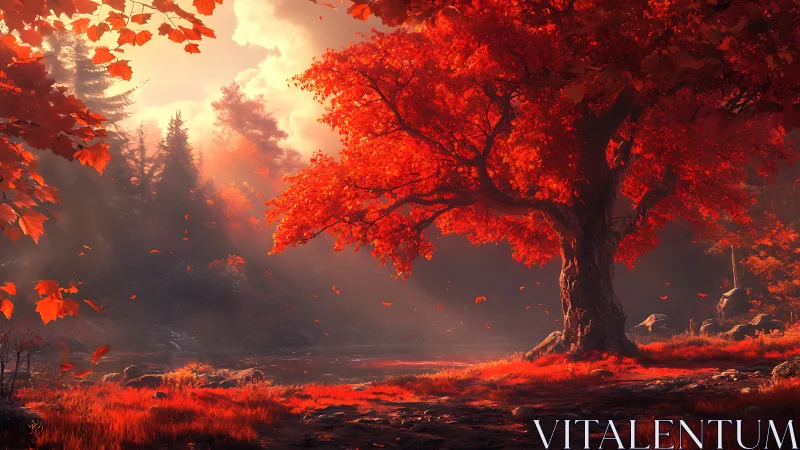 Crimson autumn tree glows beside a tranquil forest lake