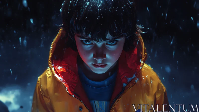 Young figure in luminous winter gear amid dynamic particle effects and cool neon lighting