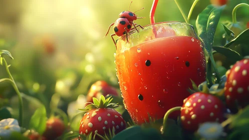 Macro depth-of-field study of strawberry juice glass with ladybug