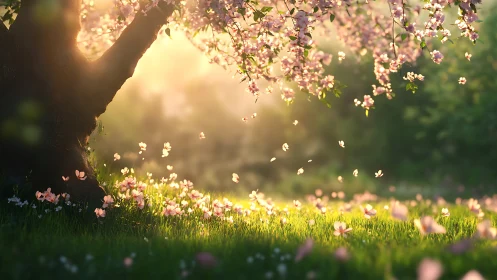 Spring blossom tree with sunlit petals and shallow depth of field