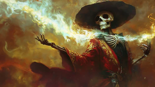 Skeletal sorcerer conjures swirling fire under wide hat