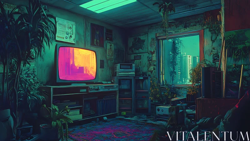 Retro cyberpunk living room with neon screen and city view.