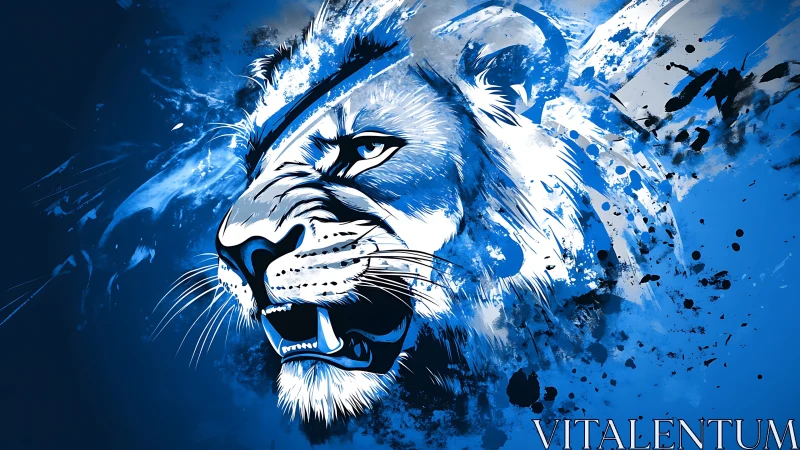 Cobalt roar: splattered lion spirit in motion storm.