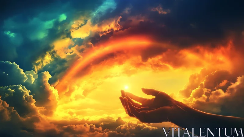 Hand cradles a newborn sun beneath a blazing rainbow sky