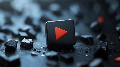 3D Play Button Icon on Dark Geometric Background, Modern Style.