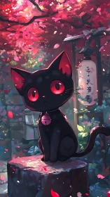 Black cat with bell sits under glowing cherry blossoms