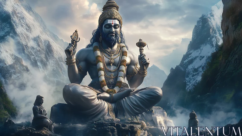 Majestic mountain deity sits in serene, spiritual grandeur