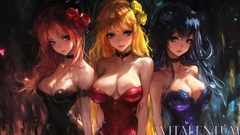 Chromatic triad of corseted anime muses in painterly bloom.