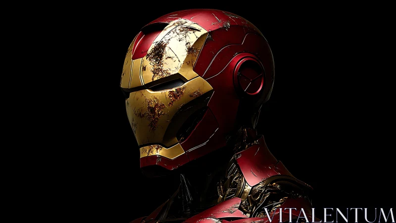 Battle-worn red and gold mech helmet rendered in dramatic profile.