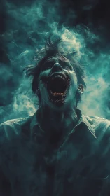 Backlit undead scream framed by teal atmospheric smoke gradients