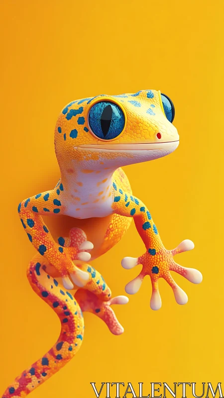 Digitally rendered yellow gecko with blue spots on orange field.