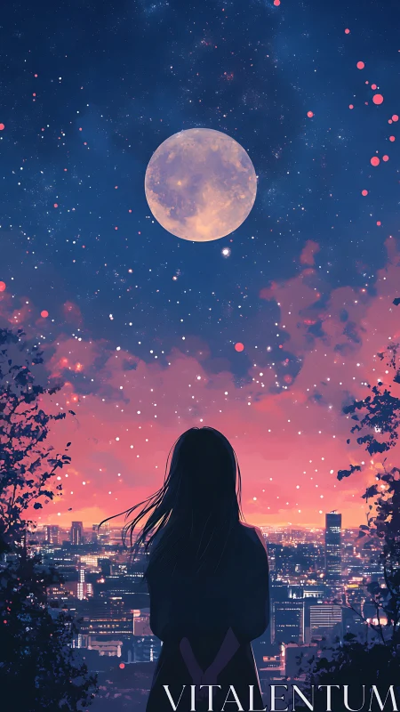 Moonlit dreamer measures city lights against quiet skies