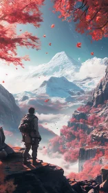 Figure on rocky ledge observing snowy peak and red valley.