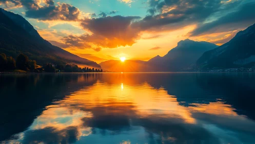 Sunset hush over a glassy lake cradled by mountains.