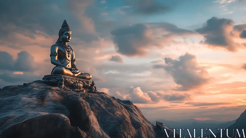 Serene metallic Buddha statue overlooks glowing mountain sunset
