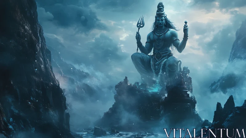 Colossal blue deity meditates above stormy mountain temple