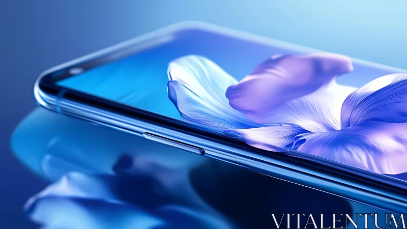 Sleek blue smartphone with floral digital display detail.