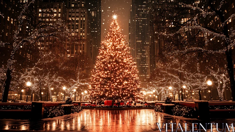 Glowing city Christmas tree brings cozy light to winter night