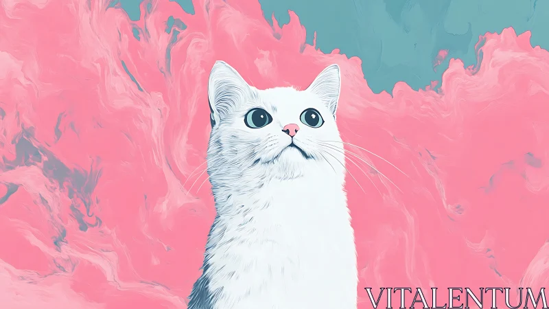 White Cat Against Swirling Pink Sky.