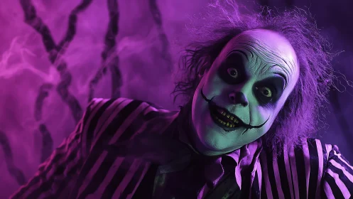 Creepy striped-suit clown in eerie purple studio lighting.