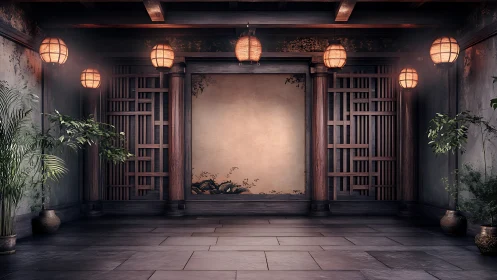 Zen-inspired Japanese interior with lantern glow and plants.