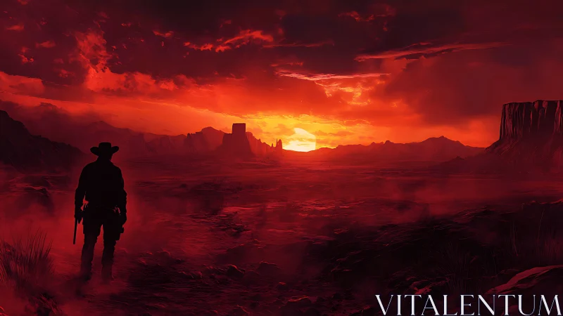 Lone gunslinger crosses blood-red desert at blazing sunset