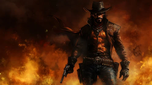 Gun-slinging outlaw strides through inferno in dynamic digital art