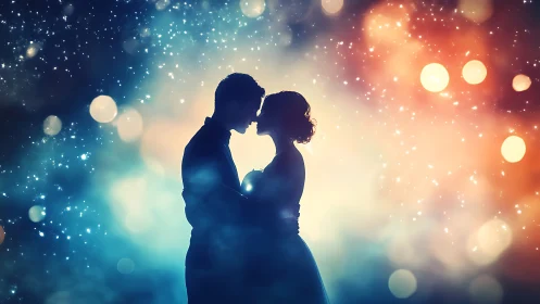 Two Silhouettes Dancing Through Stardust and Bokeh Lights.
