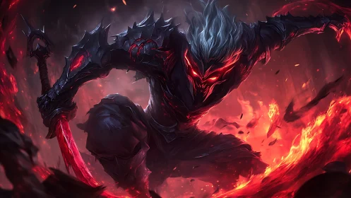 Demonic swordsman erupts from firestorm in vivid inferno