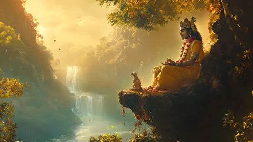 Golden sage above waterfall valley in sunrise stillness.