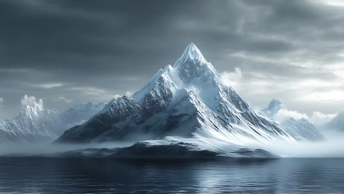 Snowbound peak rises above misty polar waters in silence.