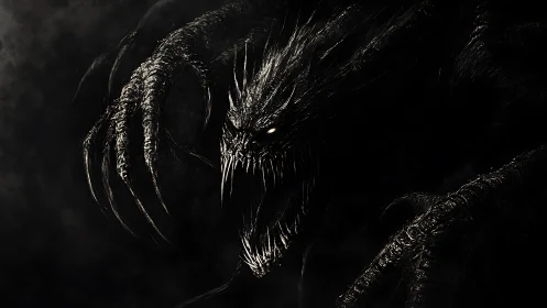Shadow creature with claws and fanged jaw in darkness.