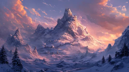 Snowy mountain fortress under soft sunset light.