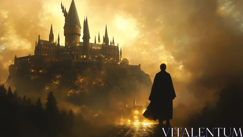 Silhouetted figure observes illuminated castle in dense haze