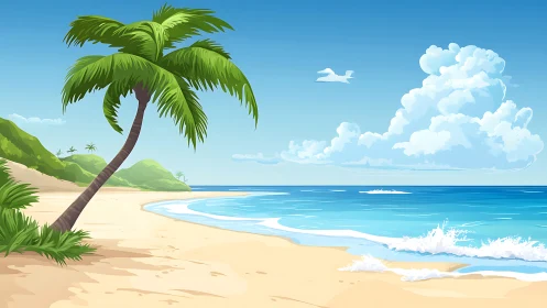 Tropical Beach Scene with Palm Tree and Coastal Waves