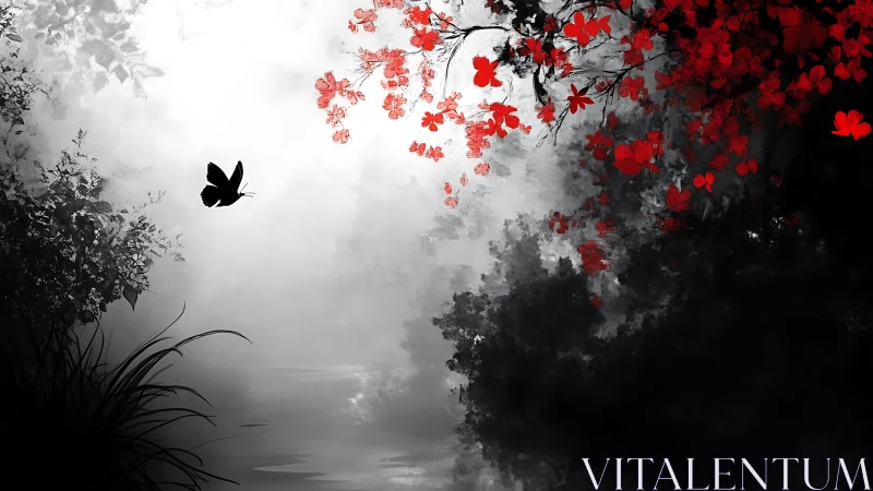 Crimson petals ignite a misty monochrome forest dreamscape.