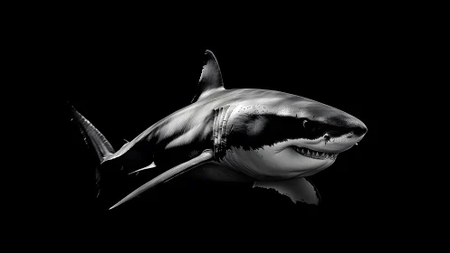 Realistic great white shark illustration on black background.