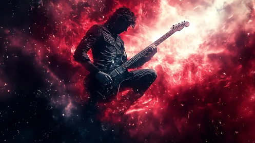 Silhouetted electric guitarist positioned against red nebula field.