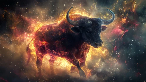 Celestial fire bull materializes amid nebular plasma clouds